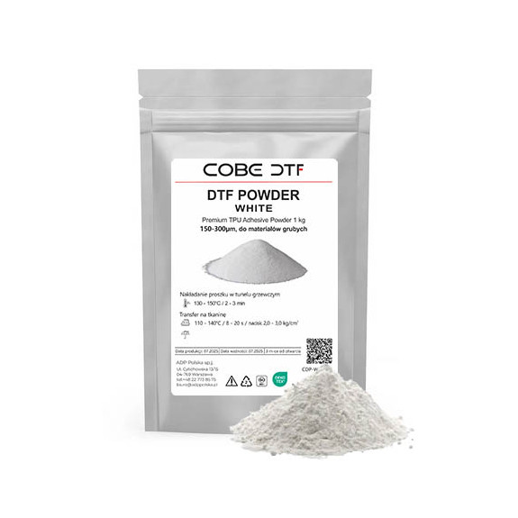 Biały proszek COBE DTF 150–300 µm – klej proszkowy premium do grubych tkanin i odzieży zimowej