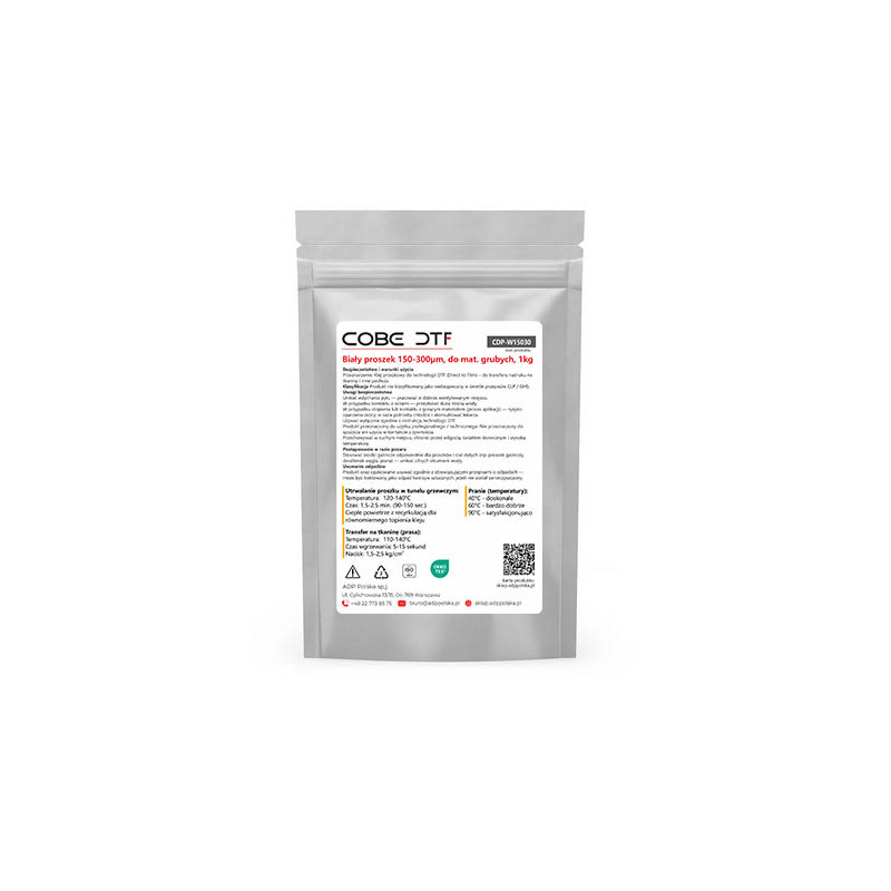 Biały proszek COBE DTF 150–300 µm – klej proszkowy premium do grubych tkanin i odzieży zimowej